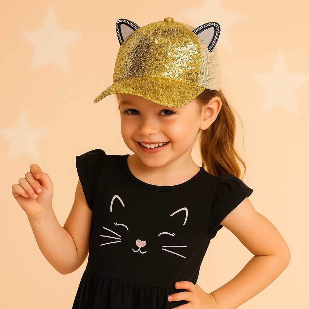 572. 🐣 Kids Gold‎ Sequin Cat Ear Trucker Baseball Cap Adjustable Mesh Back NWT